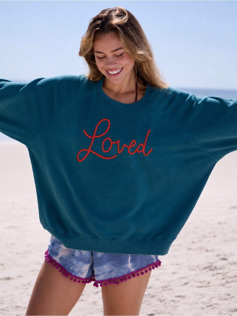 Natural Life Loved Embroidered Teal Oversized Sweatshirt Heart Elbow Patches M